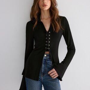 Commense Black Flared Cuff Collared Blouse Size XS NWT